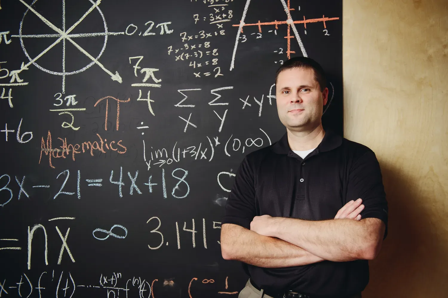 Teacher standing in front of a blackboard with equations