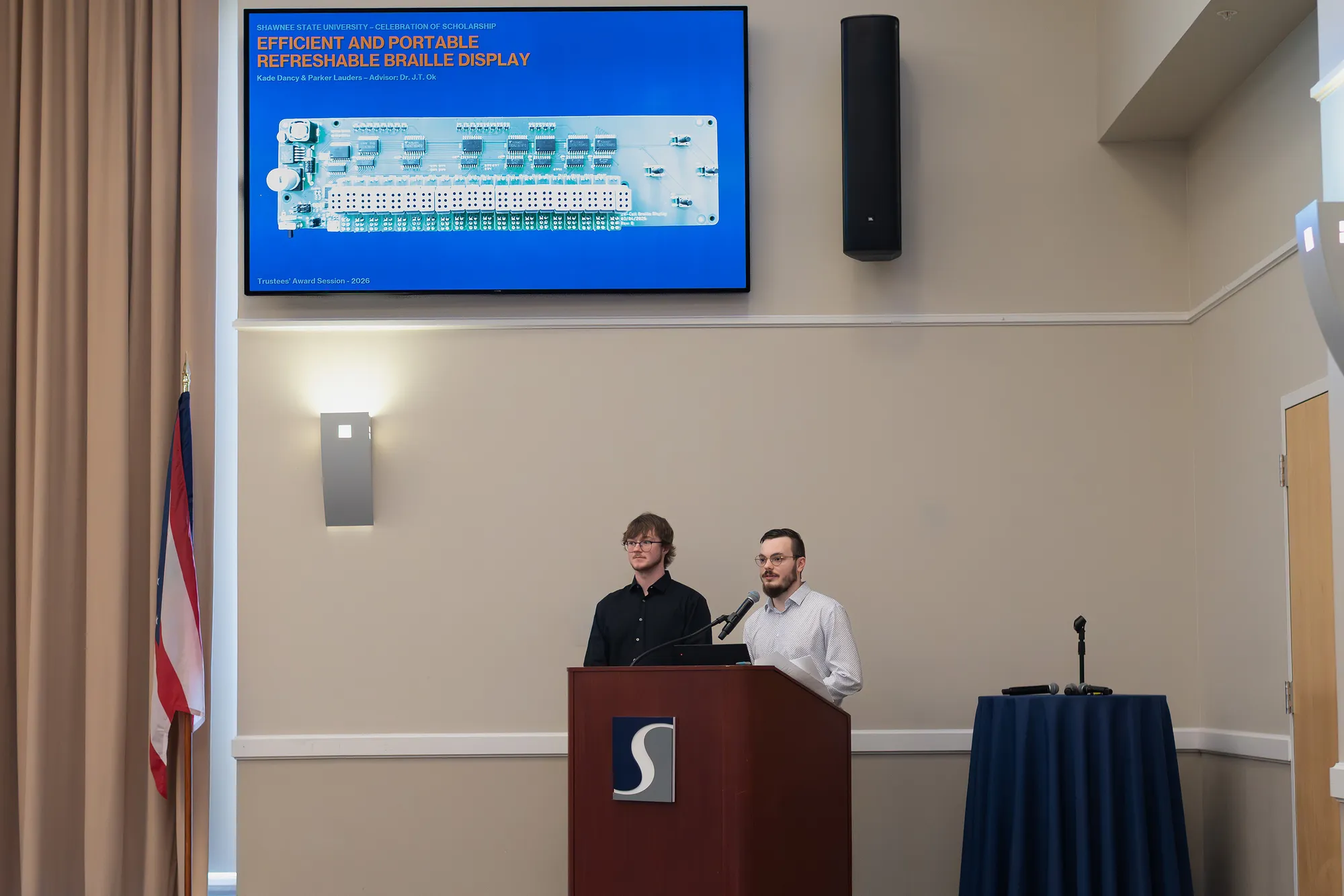 Parker Lauders and Kade Dancy presenting their research to the Shawnee State Board of Trustees