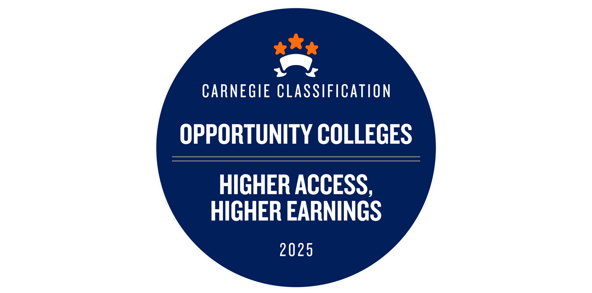 A navy blue circular badge with three orange stars and the words “Carnegie Classification,” “Opportunity Colleges,” and “Higher Access, Higher Earnings,” followed by the year “2025.”